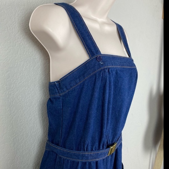 Vintage 80s Touché Blue Denim Jean Apron Overall Dress with Belt - Picture 3 of 8